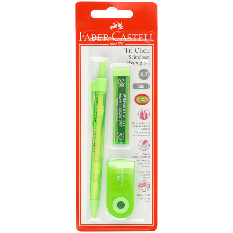 Карандаш механический Faber-Castell "Tri Click" 0,7мм, 2B, с ласт+грифели 20шт., 0,7мм+ластик "Sleeve Mini", прям, 54*25*13мм, пласт.фут, голуб, блис