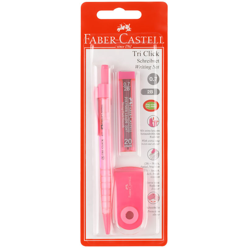 Карандаш механический Faber-Castell "Tri Click" 0,7мм, 2B, с ласт+грифели 20шт., 0,7мм+ластик "Sleeve Mini", прям, 54*25*13мм, пласт.фут, голуб, блис