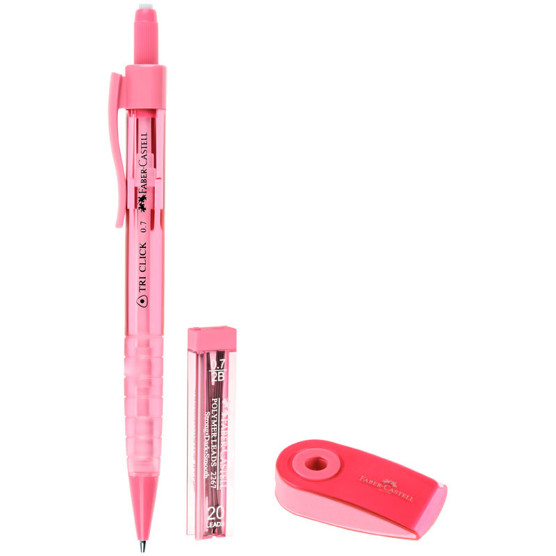 Карандаш механический Faber-Castell "Tri Click" 0,7мм, 2B, с ласт+грифели 20шт., 0,7мм+ластик "Sleeve Mini", прям, 54*25*13мм, пласт.фут, голуб, блис