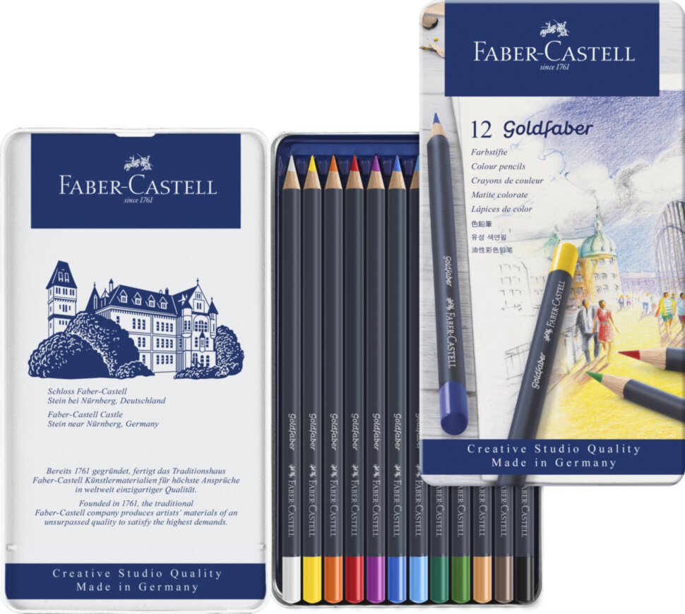 Карандаши цветные Faber-Castell "Goldfaber" 12цв., круглые, заточен., метал. коробка