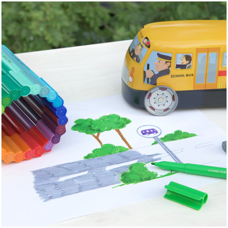 Набор для рисования Faber-Castell "Connector School Bus" 33 фломастера+10 клипc, металлическая коробка
