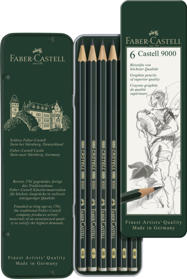 Набор карандашей ч/г Faber-Castell "Castell 9000", 06шт., HB-8B, заточен., метал. кор.
