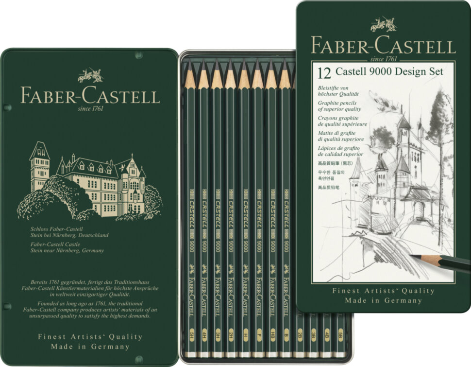 Набор карандашей ч/г Faber-Castell "Castell 9000 Design Set", 12шт., 5H-5B, заточен., метал. кор.