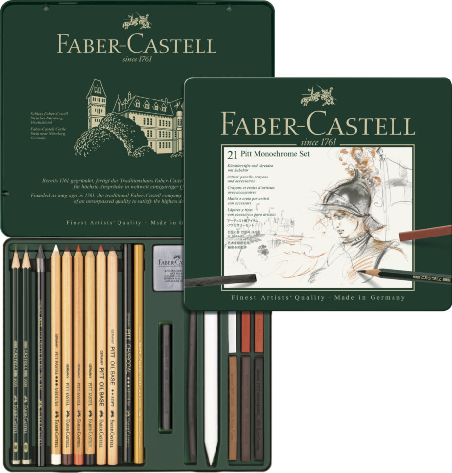 Набор художественных изделий Faber-Castell "Pitt Monochrome", 21 предмет, метал. кор.