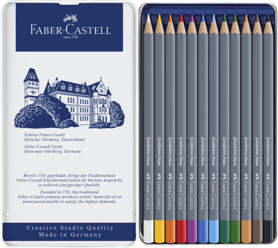 Карандаши акварельные художественные Faber-Castell "Goldfaber Aqua", 12цв, метал. коробка