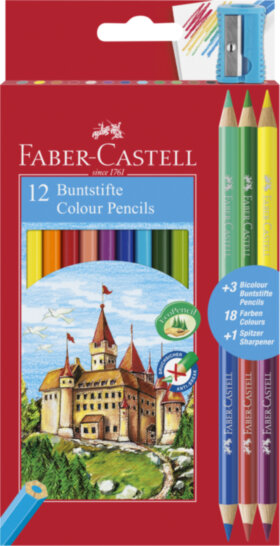 Карандаши цветные Faber-Castell, 12цв.+4, заточен., картон, европодвес, с точилкой